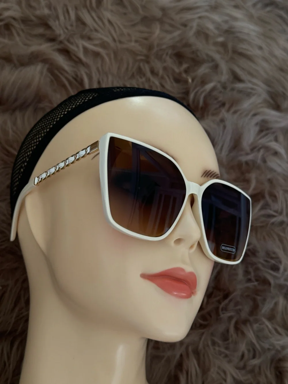 Futuristic sunglasses white cat eye brown lens gold chain style accents
